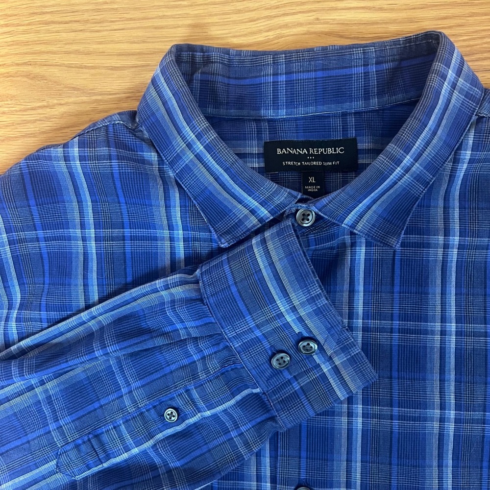 Banana Republic Mens XL Blue Plaid Stretch Tailored Slim Fit Button Down Shirt